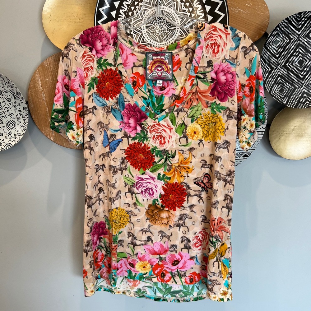 Johnny Was Los Angeles Lace Garden Floral Horse Butterfly V-Neck Top Small